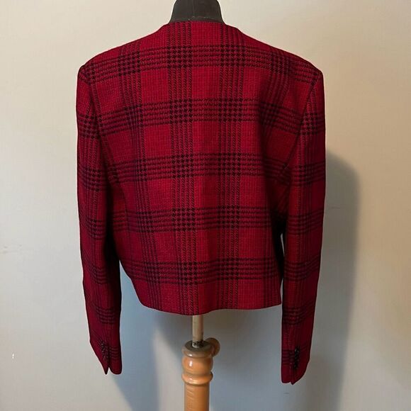 Talbots Women's Red Wool Plaid Square Neck Open Front Cropped Jacket Size 18 - Picture 6 of 12